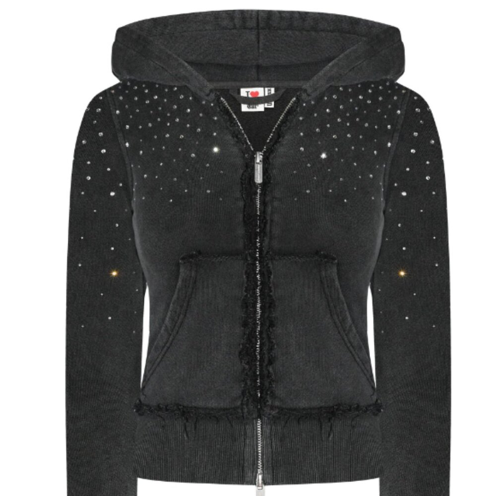 Hidden Cult Rhinestone Black Wash Fitted Zip Hoodie